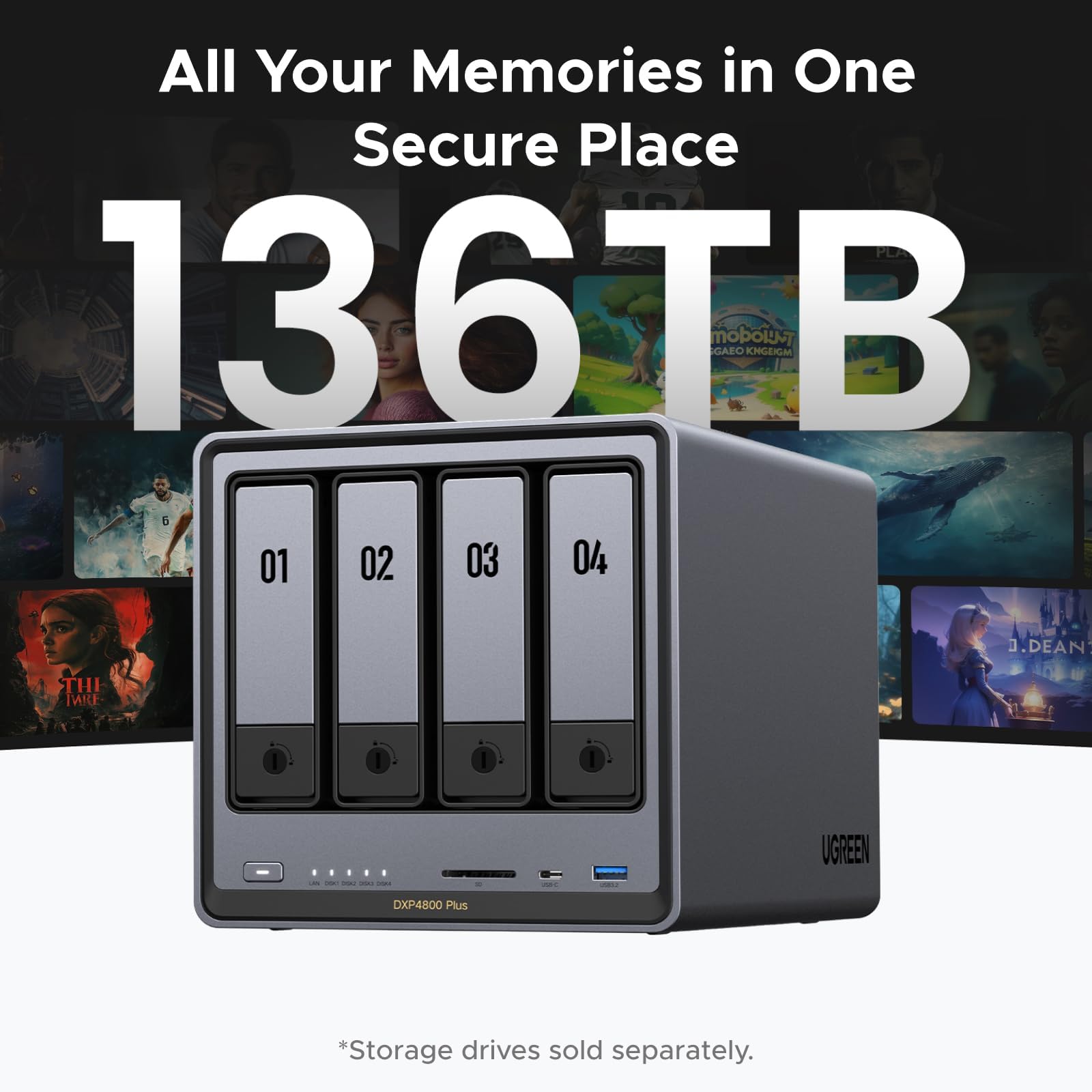 UGREEN NASync DXP4800 Plus 4-Bay Desktop NAS, Intel Pentium Gold 8505 5-Core CPU, 8GB DDR5 RAM, 128GB SSD, 1x 10GbE, 1x 2.5GbE, 2x M.2 NVMe Slots, 4K HDMI, Network Attached Storage (Diskless)