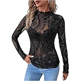 Floerns Women's Elegant Paisley Long Sleeve T Shirt Mock Neck Sheer Mesh Tops