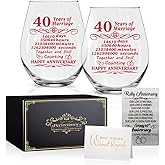 Perfectinsoy 40 Years of Marriage Wine Glasses Set of 2 with Metallic Memorial Card, 40th Birthday Wedding Gifts for Mom, Dad, Wife, Soulmate, Couple, Funny 40 Years Milestone Gift, Wedding Gift