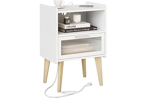 Nightstand with Charging Station, Bedside Tables with Glass Decorative Door, End Table Side Table with 2 Tiers Storage Space,