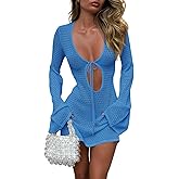 Saodimallsu Womens Crochet Swimsuit Cover Up Long Bell Sleeve V Neck Tie Mesh Knit Summer Beach Dress Vacation Outfits