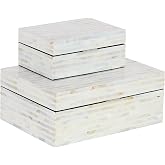 Deco 79 Mother of Pearl Shell Handmade Decorative Box Decorative Keepsake Boxes with Linear Mosaic Pattern and Hinged Lid, Set of 2 Storage Boxes 12", 8"W, White