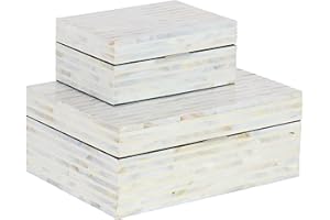 Deco 79 Mother of Pearl Shell Handmade Decorative Box Decorative Keepsake Boxes with Linear Mosaic Pattern and Hinged Lid, Set of 2 Storage Boxes 12", 8"W, White