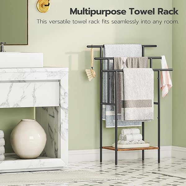 HOOBRO 39.4″ TALL FREESTANDING TOWEL RACK FOR BATHROOM, 3 TIER STEPPED BLANKET RACK WITH SHELF, OVERSIZED BATH TOWELS DRYING AND DISPLAY RACK, BLACK AND RUSTIC BROWN BF50LB01