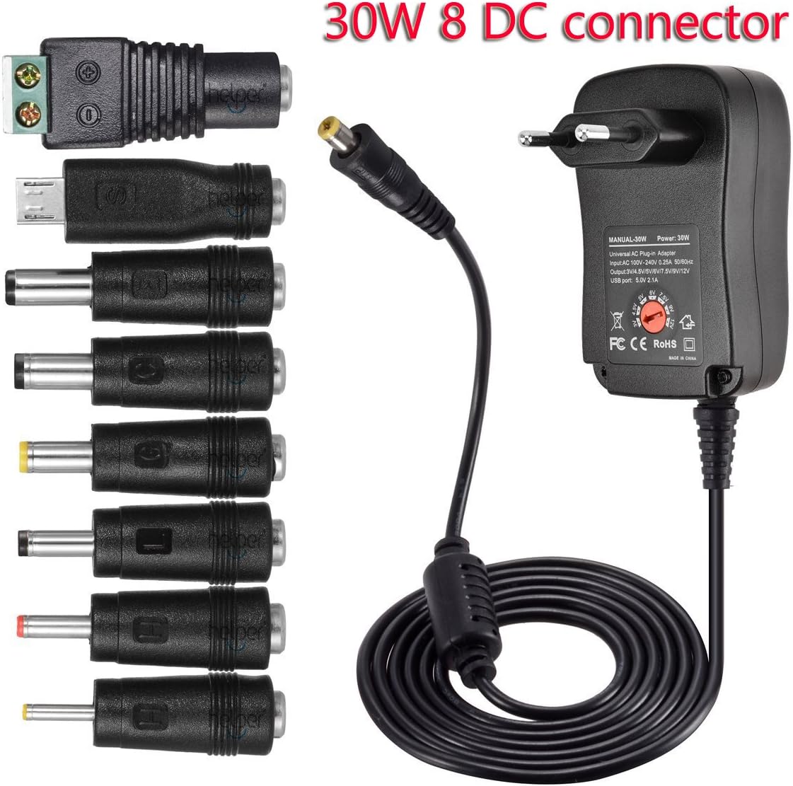 Universal Power Adapter,30W 2000mA Universal AC/DC Adapter Switching Power Supply with 8 Selectable Adapter Tips & Micro USB Plug, for 3V to 12V Household Electronics and LED Strip - 8 DC Tips