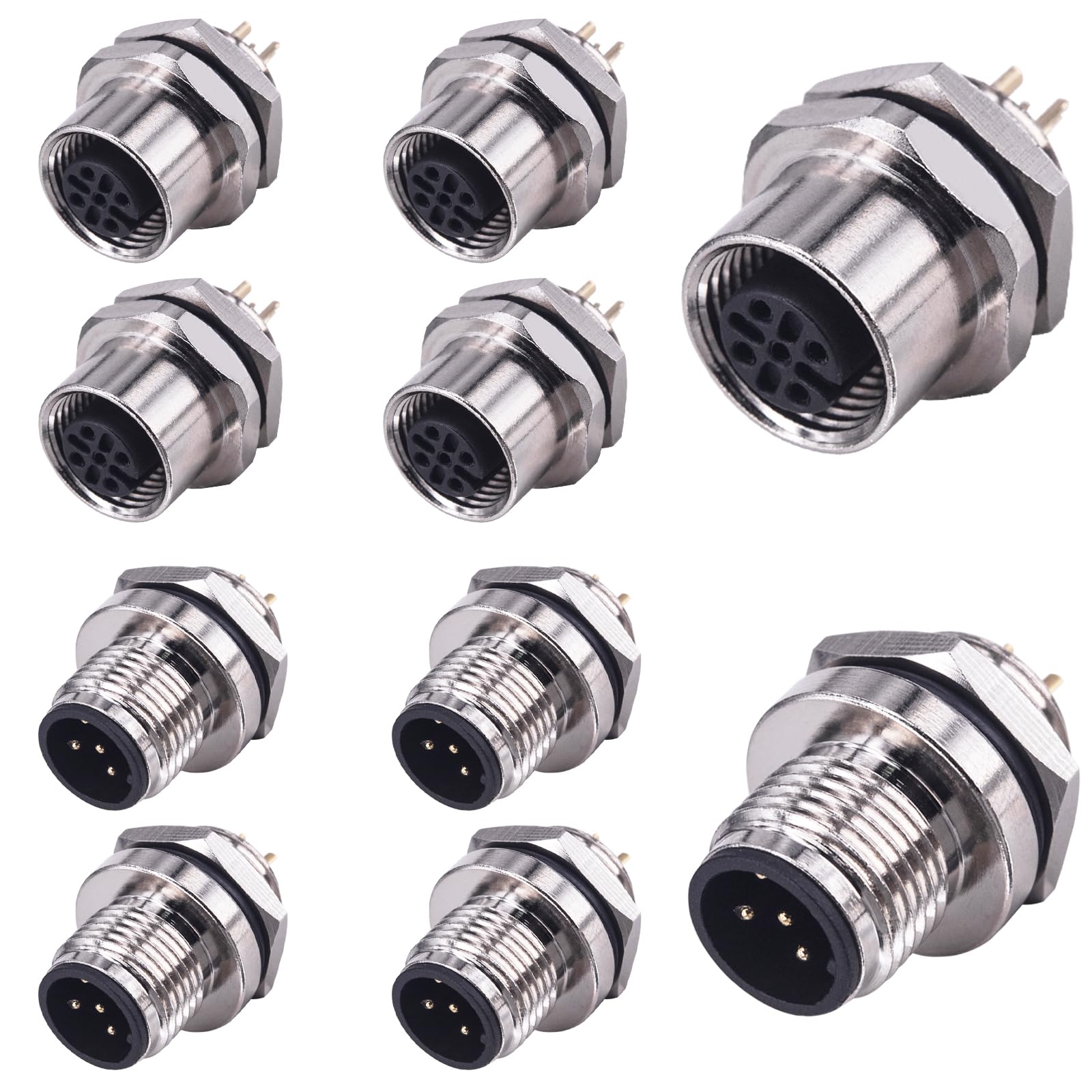 Lonlonty M12 5 Pin A-Coded Aviation Connector Plug Set, Solder Type Bulkhead Socket, IP67 Waterproof Back Mount Panel Coupling (5 Pairs)