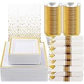 Goodluck 352 Piece Gold Dinnerware Set for 50 Guests, Thanksgiving Square Plastic Plates with Gold Trim, Include: 100 Plastic Plates, 50 Rolled Napkins, 50 Cups, 50 Cutlery Set and 2 Tablecloth