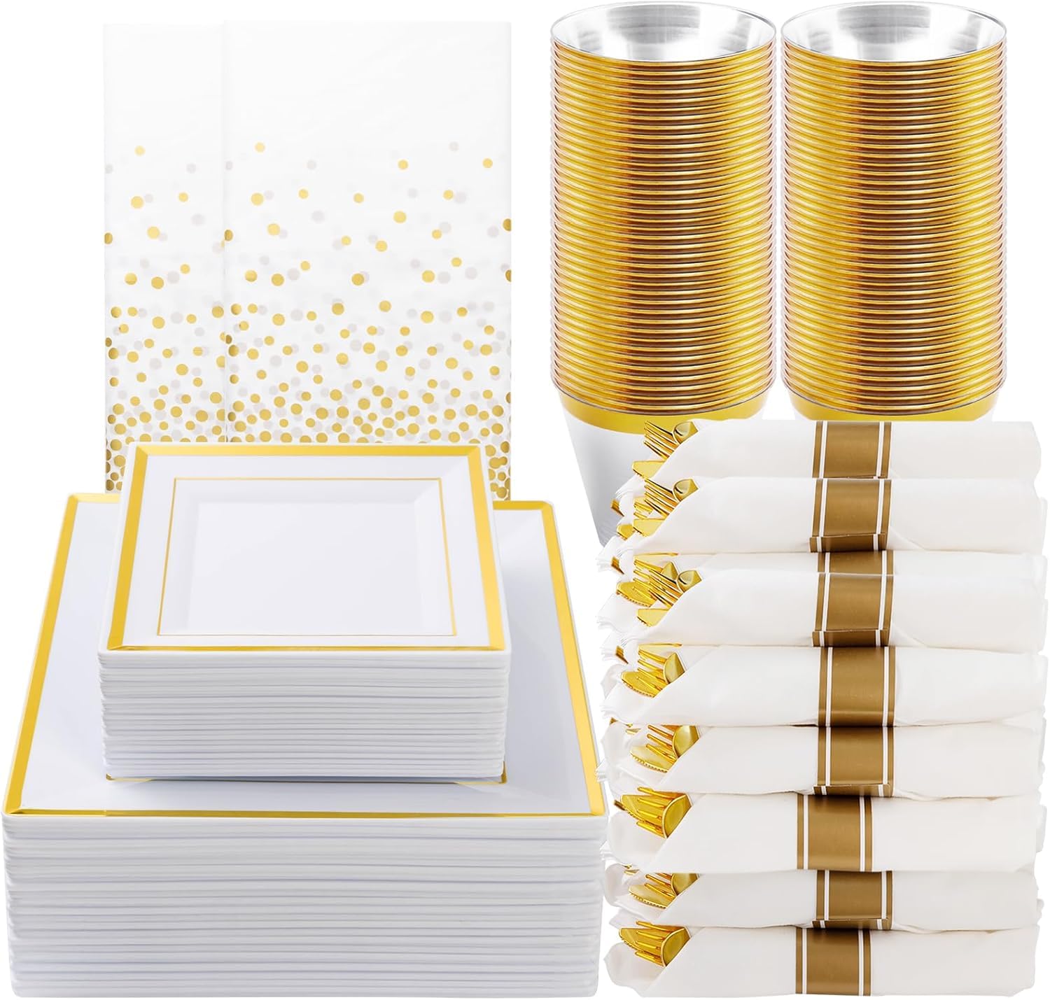Photo 1 of Goodluck 352 Piece Gold Dinnerware Set for 50 Guests, Thanksgiving Square Plastic Plates with Gold Trim, Include: 100 Plastic Plates, 50 Rolled Napkins, 50 Cups, 50 Cutlery Set and 2 Tablecloth