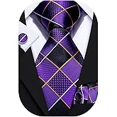 Barry.Wang Plaid Ties Check Mens Necktie Set with Handkerchief Cufflinks Classic Stripe