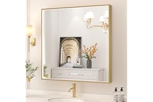 Twalsu 32x32 Inch LED Bathroom Mirror, Gold Metal Framed Lighted Mirror for Bathroom, Wall Mouted LED Vanity Mirror with Lights, 3 Colors and Stepless Dimmable, Anti-Fog, Memory
