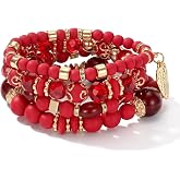 Alrhso 4 Pcs Boho Red Bracelet for Women Stackable Beaded Bracelets Set with Crystal and Gold Accessories Stretch Bead Bracelets Multi-Layer Boho Jewelry for Holiday Gift