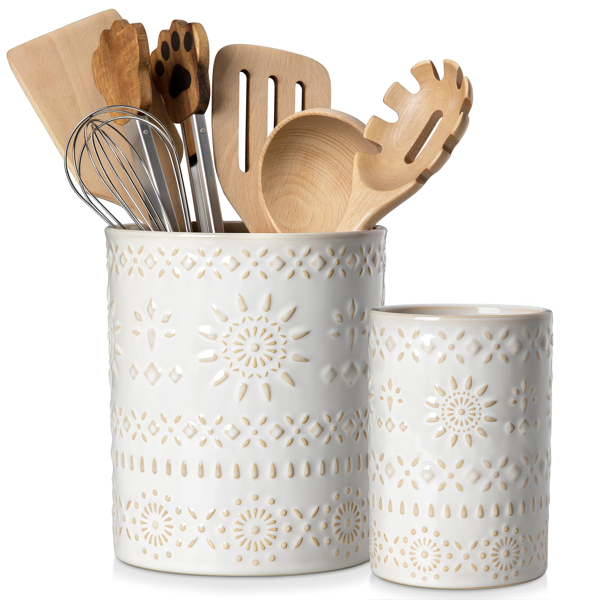Photo 1 of LOVECASA Utensil Holder, 7.2"+5.4" Ceramic Utensil Holder for Countertop, Large Cooking Utensil Crocks for Kitchen Counter, Farmhouse Utensil Vase for Housewarming, Kitchen Decor, Set of 2, Oasis