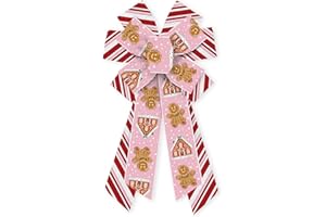 ABTOLS Large Christmas Bows for Wreath, Red Pink White Stripe Wreath Bows Christmas Gingerbread Bows for Front Door, Pink Xmas Decor Burlap Ornament Tree Topper Bows for Christmas Indoor Outdoor Decor