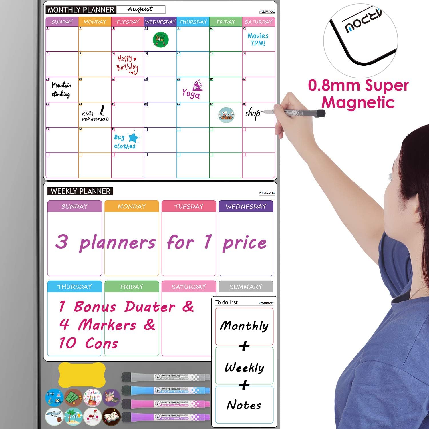 Dry Erase Calendar for Refrigerator, Set of 3 Strong Magnetic White Board Calendar for Fridge- Monthly, Weekly, Daily Family Calendar with 4 Markers, 1 Eraser and 10 Symbols Included by NEARPOW
