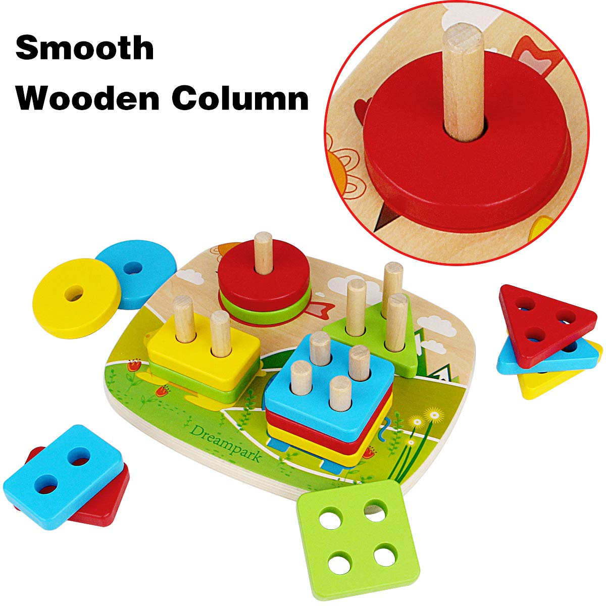 Dreampark Educational Toddler Toys for Boys Girls Age 1 2 3 4 and Up, Wooden Shape Color Recognition Preschool Stack and Sort Geometric Board Blocks for Kids Children, Non-Toxic
