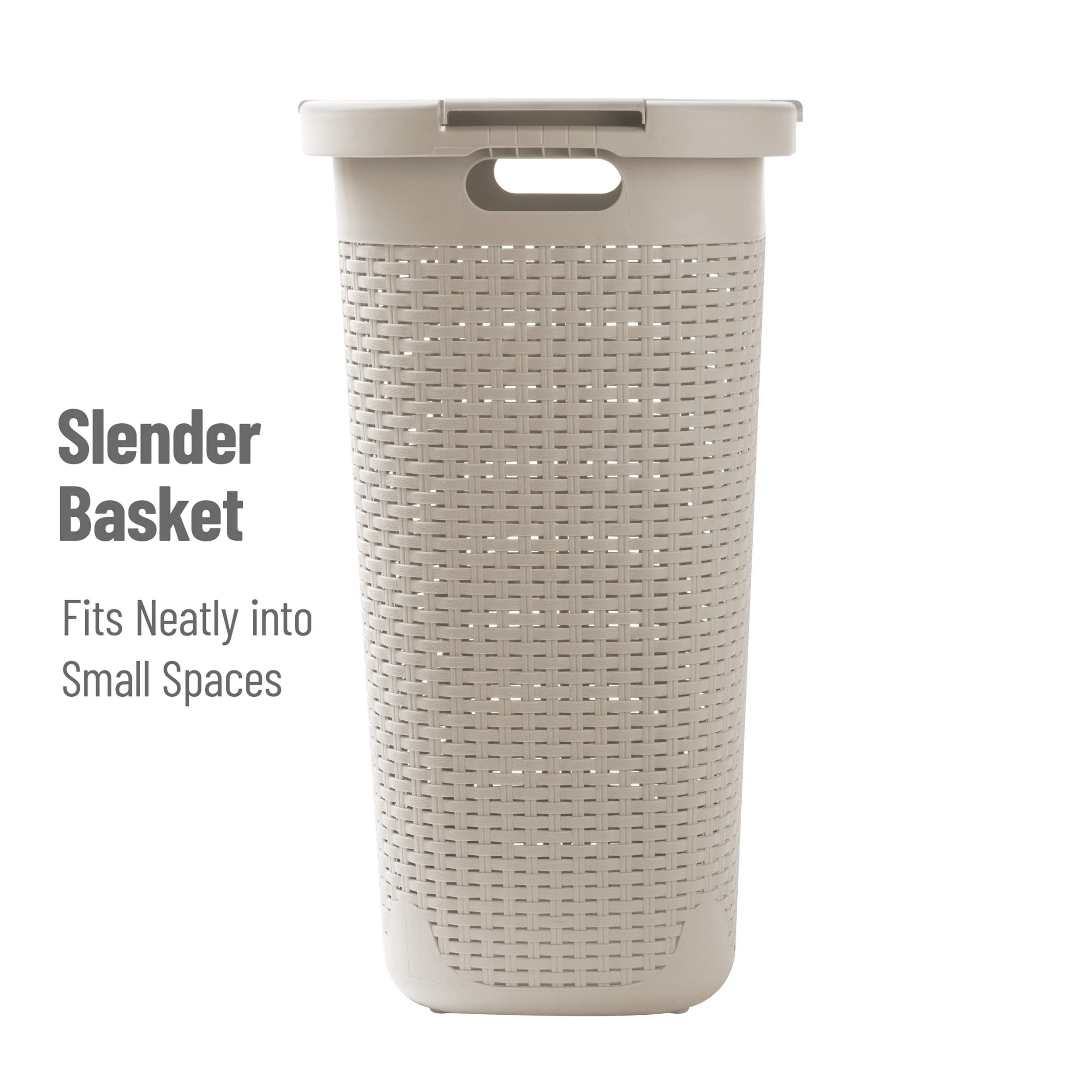 Mind Reader Slim Laundry Hamper with Lid, 60L Clothes Basket, Premium Wicker Design, Plastic, Ivory