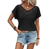 Dokotoo Women's Casual 2026 Waffle Knit Hollow Out Lace Tops Short Sleeve V Neck Loose Fit Shirts Blouses