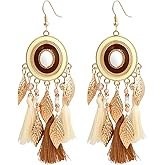 Boho Dangle Earrings for Women White Oval Stone and Leaf Chandelier Earrings Tassel Indian Western Style for Bohemian Jewelry