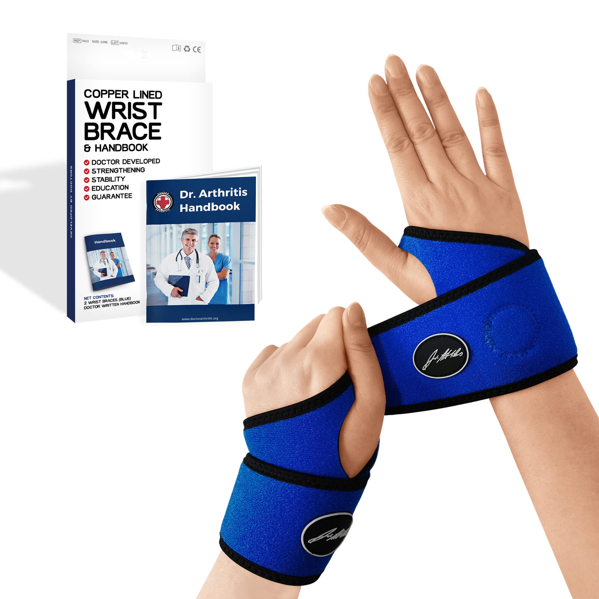 Dr. Arthritis Doctor Developed Lightweight Wrist Support Brace & Doctor Handbook – Relief for Wrist Injuries, Pain, and Strains, Adjustable Hand Support for Men & Women (Blue pair)