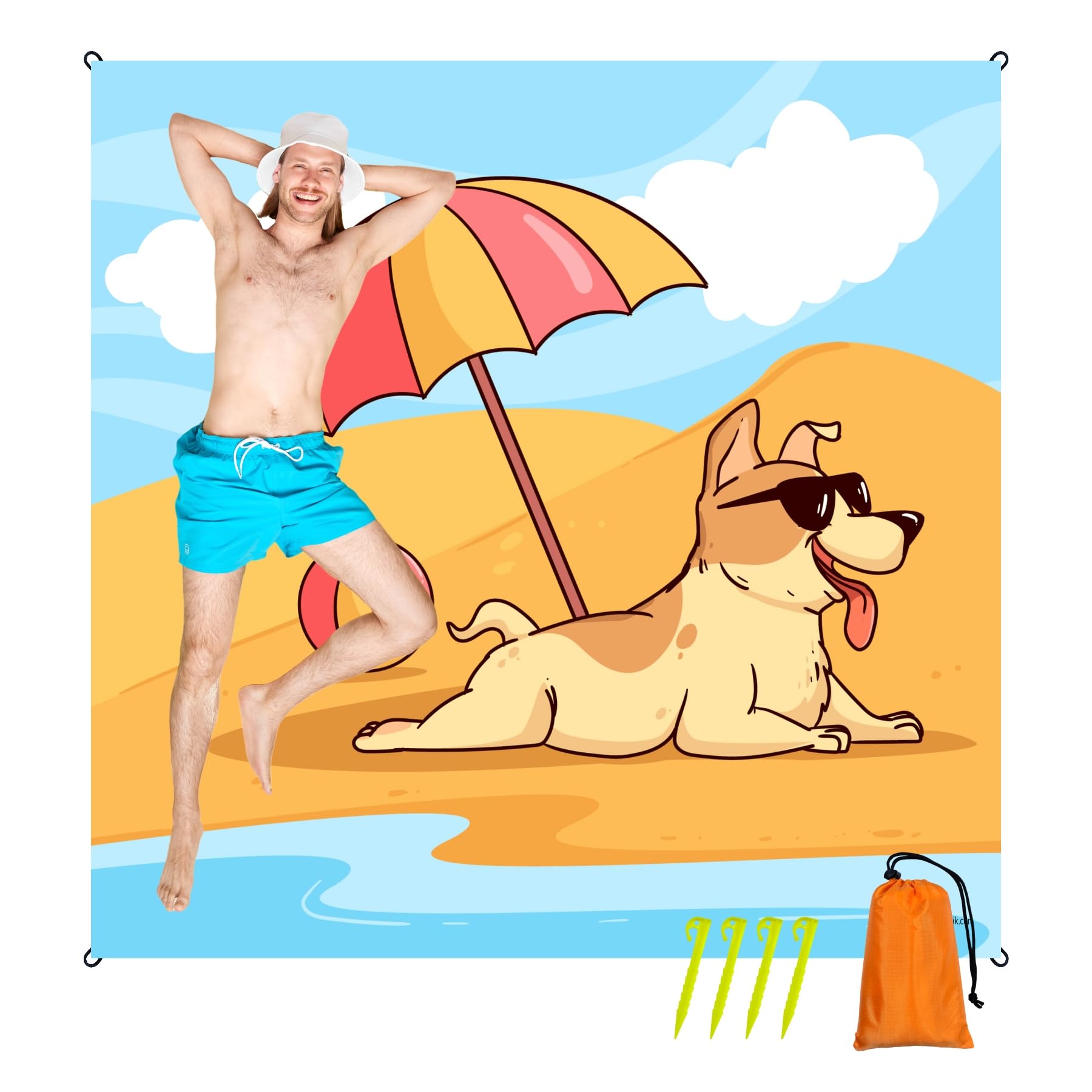 Photo 1 of Oversized Sandproof Beach Blanket (83"x81"), Extra Large Beach Sheet for Up to 6 People. Sandfree Beach Mat, Big Sand Blankets with Sand Bags and Stakes. (Dog Pool Party)