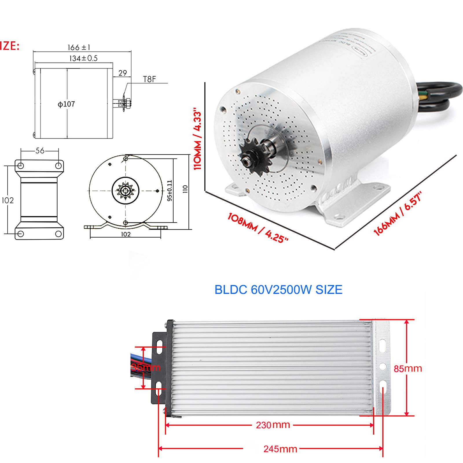 4400RPM 2500W 60V Electric Scooter Motor Brushless DC Motor Kits Electric Gokart Mid Motors with 45A Speed Controller, Throttle, Foot Pedal E-Scooter E-Bike Dirt Bike Motorcycle
