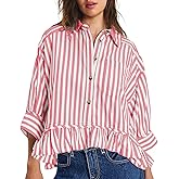 CHYRII Womens Summer Tops Dressy Casual Blouse Top Ruffled Short Sleeve Button Down Striped Shirt