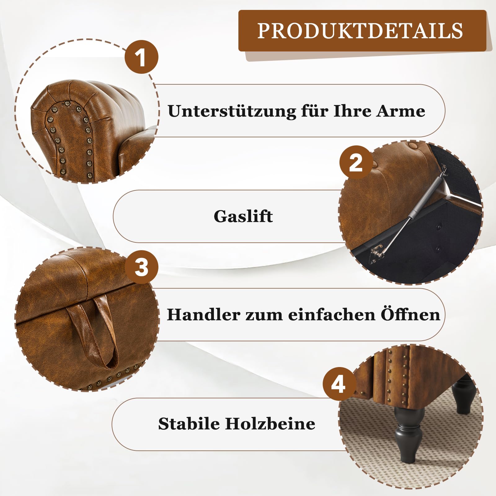 Ckaff Sitzbank mit Stauraum 132cm, Aufbewahrungsbox, Fußbank, Bettbank, Sitztruhe mit Armlehnen aus PU-Kunstleder für Wohnzimmer Schlafzimmer Flur, GelbBraun 5