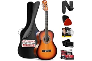 Pyle Beginner Acoustic Guitar Kit, 3/4 Junior Size All Wood Instrument with Full Accessory Kit, Picks, Shoulder Strap, Carry Case, Cleaning Cloth, Tuner App, 2 Month Lessons, 36” (Sunburst Gloss)