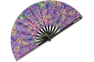 Ravevibes 13" Large Rave Fan Folding Hand Fan, Bamboo Festival Clack Fan Foldable UV Glow Edm Fans For Rave Outfits Accessories Performance Dance Party For Men Women, Wavy-3