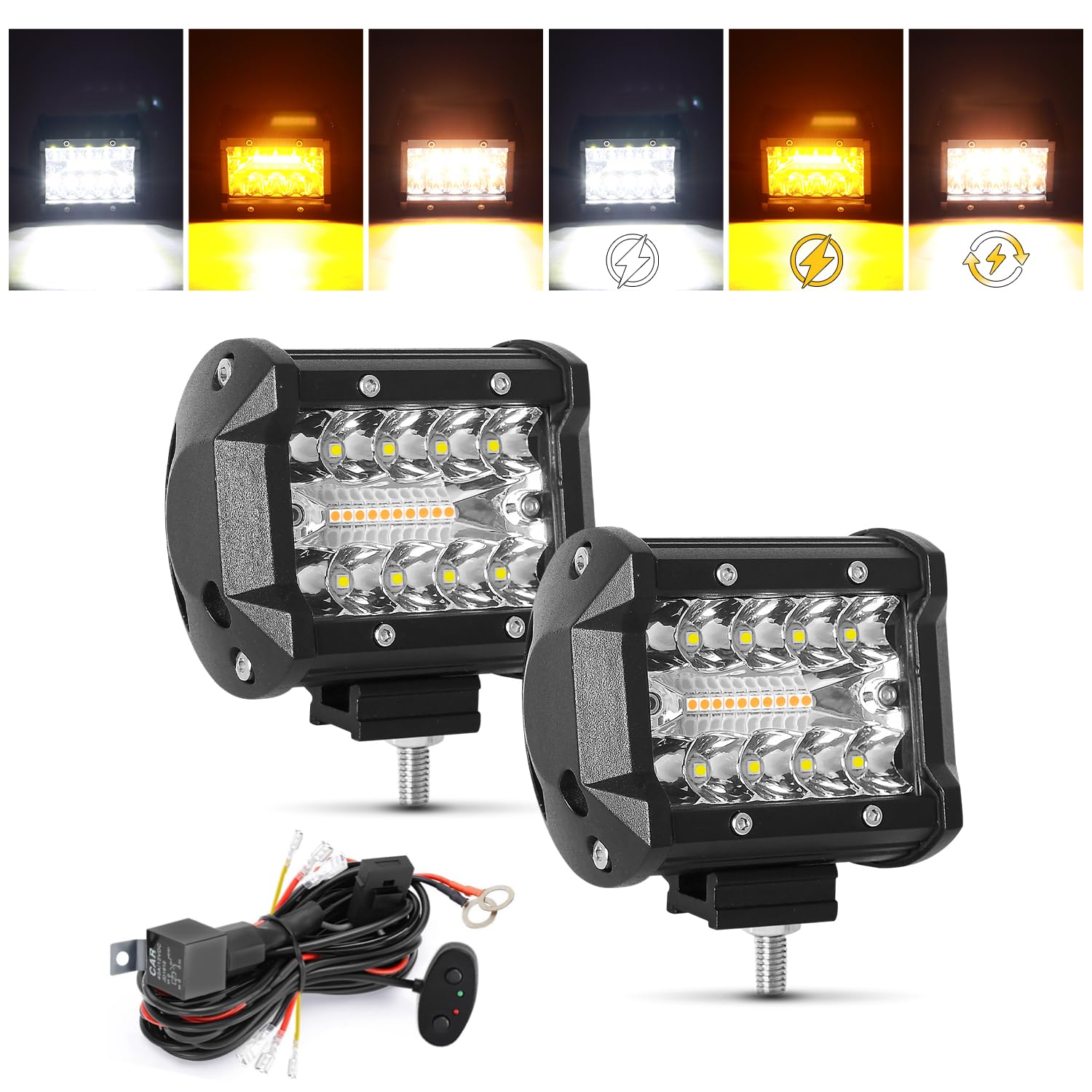 Photo 1 of BEEYEO 4 Inch LED Light Pod with 6 Modes, 120W Spot Flood Strobe Light Amber White Light Bar Fog Lights with Memory Function, Off-Road Driving Lights for Trucks Boat ATV Car
