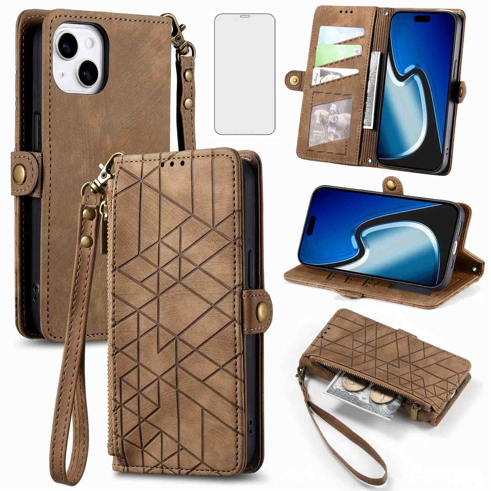 Asuwish Phone Case for iPhone 15 Plus 6.7 inch Wallet Cover with Tempered Glass Screen Protector and Flip Zipper Card Holder Cell i-Phone 15+ iPhone15Plus 5G i i15 + iPhone15 15Plus Women Men Brown