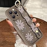 MOWIME Compatible with iPhone 14 Pro Max Case with Wrist Strap, [Upgraded] Adjustable Wristband Kickstand Case for Women Girls, Daisy Floral Shockproof Silicone Protective Cover 6.7 Inch, Brown