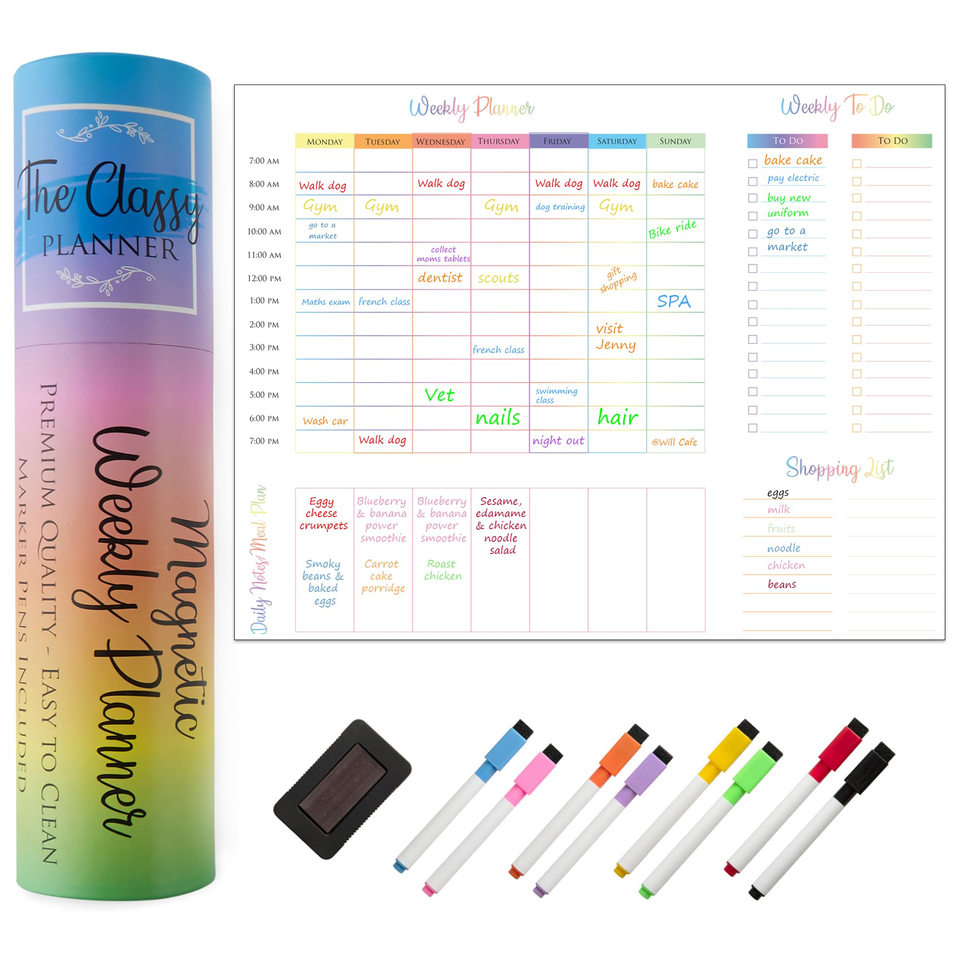 Weekly Magnetic Whiteboard for your Fridge - Family Organiser, Meal Chart, Shopping List - Student Planner, Business Notice Board, 8 Marker Pens & Eraser with Magnet & Gift Box Included, 11.7 x 16.5in
