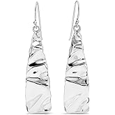 MINDDHA 925 Sterling Silver Earrings - Tapered Wrinkle Design - Handcrafted From Mediterranean Artisans - Minimalist Silver Earrings, Drop Length 1.6 Inch