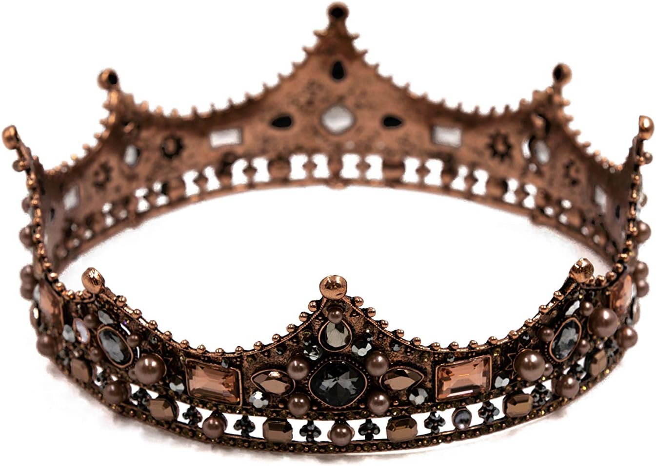 FUMUD Baroque Vintage Black Rhinestone Beads Round Big Crown Wedding Hair Accessories Luxury Crystal Queen King Crowns Bridal Tiaras (Retro)