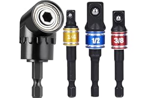 HOOOWOOO Impact Grade Driver Sockets Adapter Extension Set Drill Bit+Right Angle Drill,3Pcs 1/4 3/8 1/2" Universal Socket Adapter Set,105 Degree Right Angle Screwdriver set Drill Hex Bit Socket Adapter