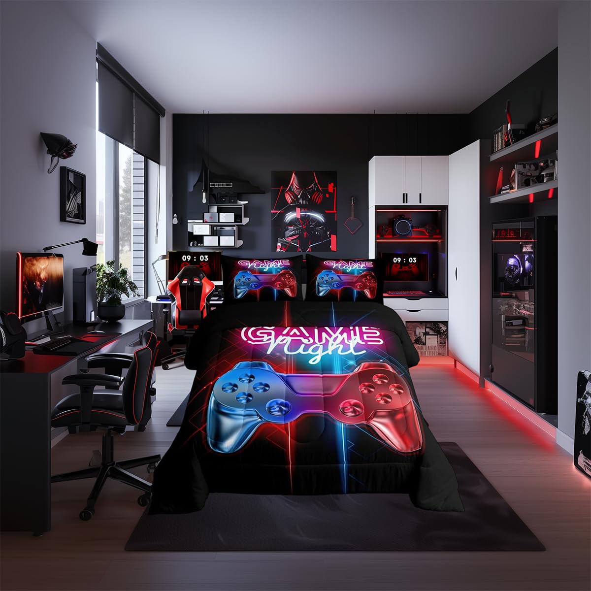 Loussiesd Boys Gaming Duvet Teens Gamer Bedding Set Modern Blue Red Video Game Controller Down Comforter For Kids Youth Bedroom Decor Multi-Color Gamer Console Action Buttons Duvet Set Double Size