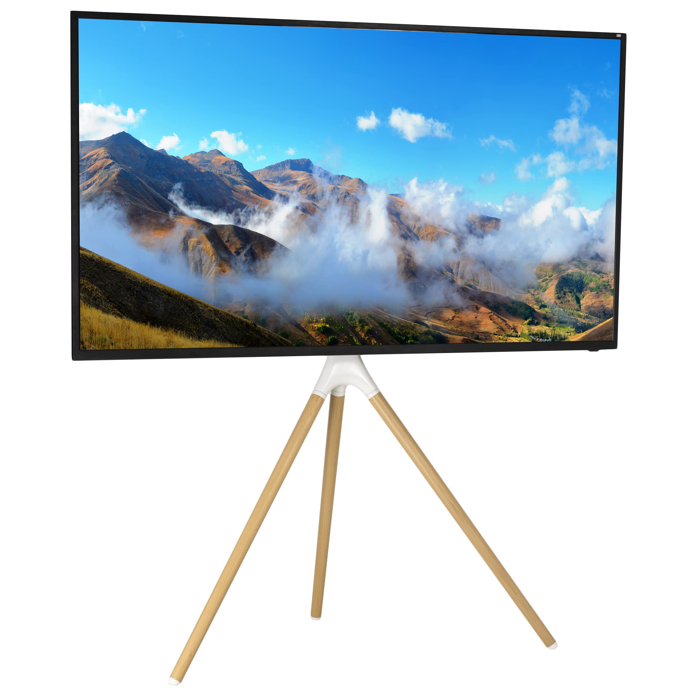 VIVO Caballete artístico Pantalla LCD LED de 45 a 65 pulgadas, Soporte para pantalla de TV de estudio, Soporte para TV ajustable con base giratoria y trípode, Soporte blanco, Patas de madera clara, STAND-TV65AW