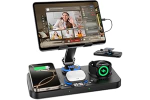 HOSTENA 30W Charging Station for Apple Products, Foldable Wireless Charger with Clock Display&7 Color Light, Wired Charging for iPad/Tablet Charging Station for iPhone17, for Apple Watch11 for AirPods4(Black