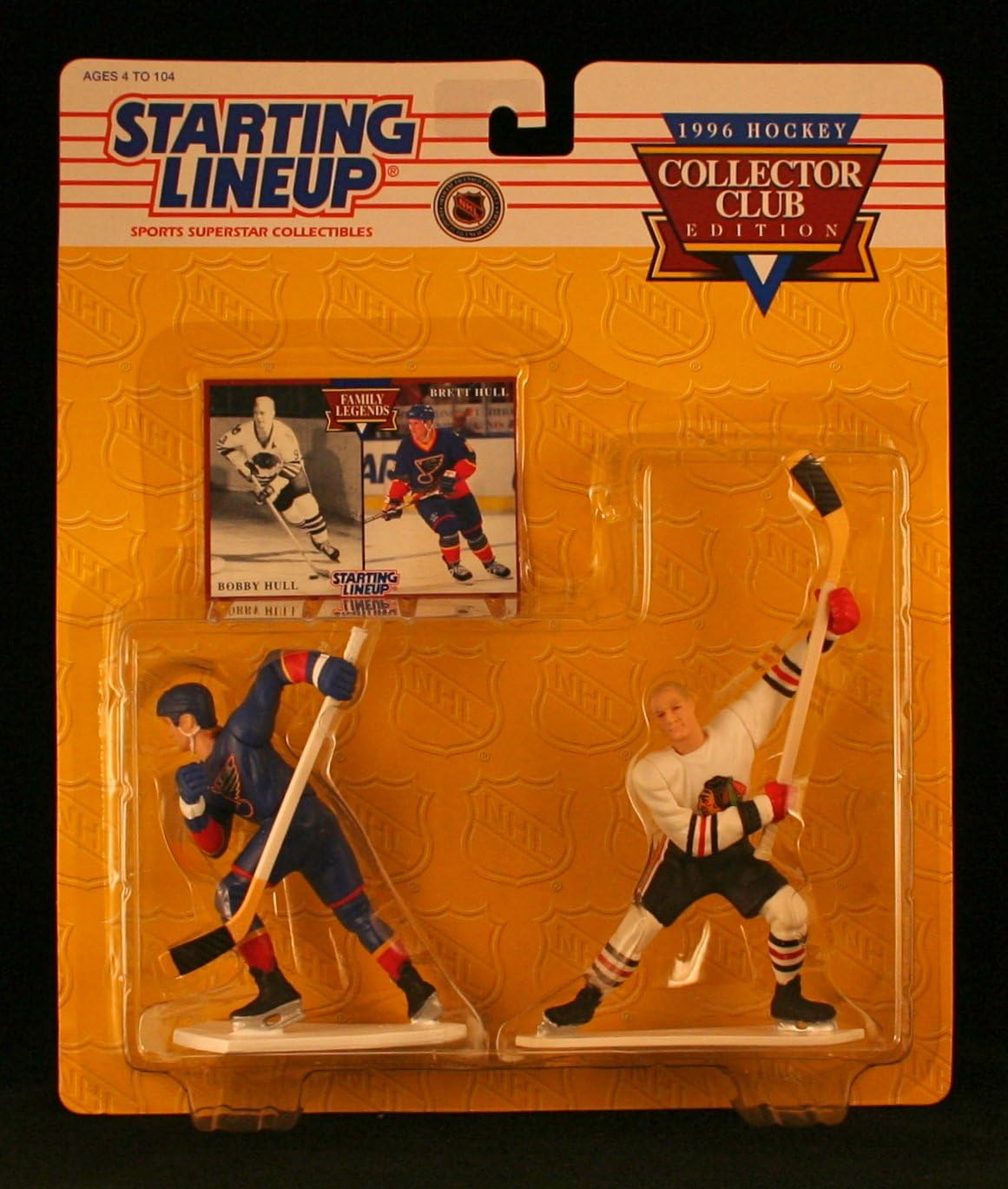 BOBBY HULL / CHICAGO BLACKHAWKS & BRETT HULL / ST. LOUIS BLUES 1996 NHL Exclusive COLLECTOR CLUB EDITION Starting Lineup Action Figures & Exclusive Collector Trading Card