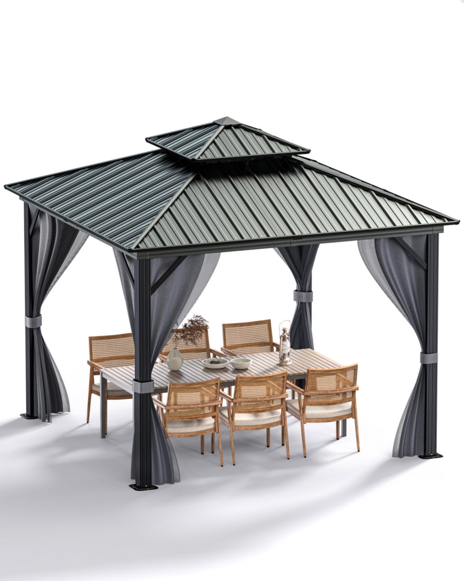 Photo 1 of **used missing parts -*******GarveeLife 10 ft x10 ft Hardtop Gazebo, Black Frame with Gray Curtains, Double Metal Roof, Aluminum Alloy Frame, Net, Heavy Duty, for Patio, Deck, Backyard, Garden