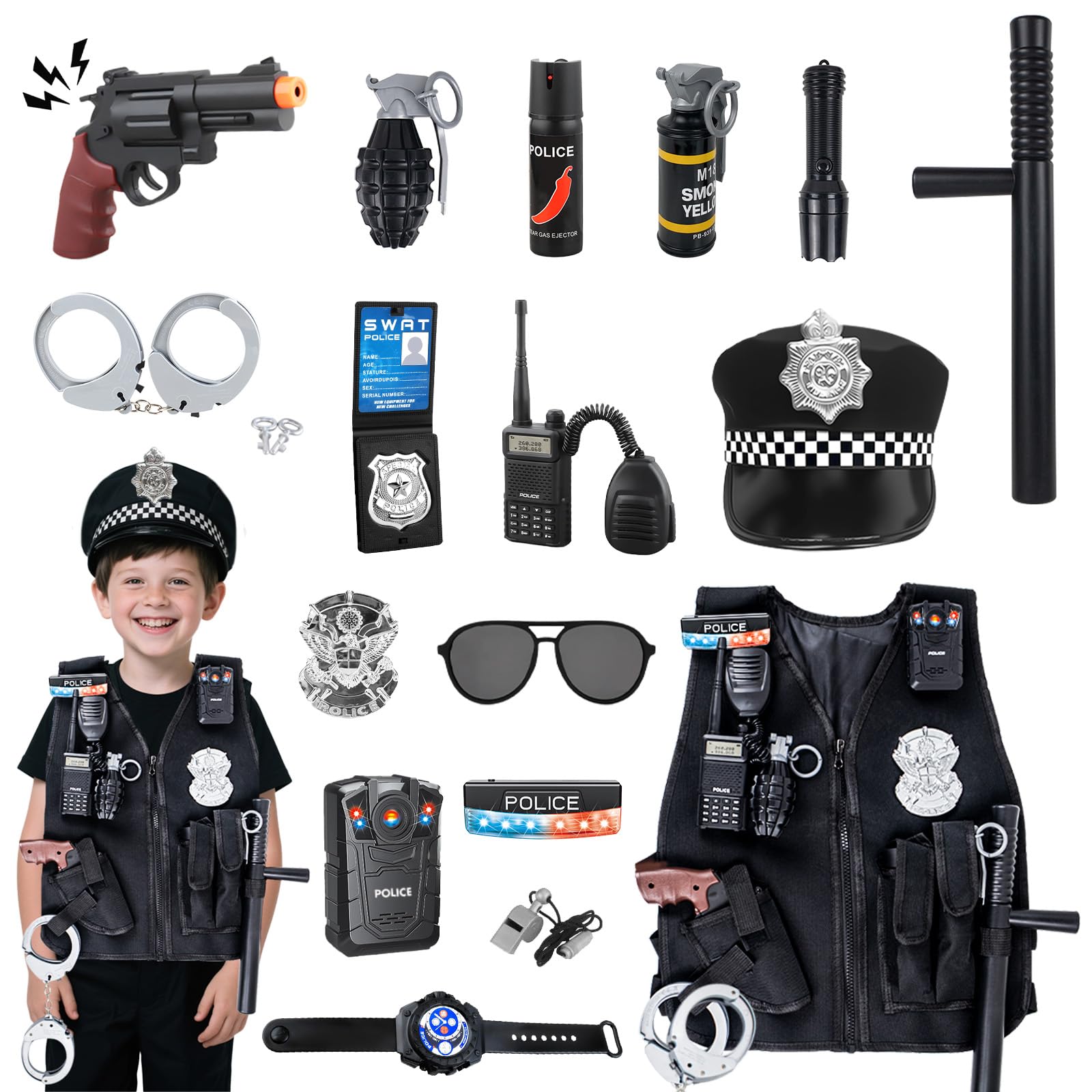 KalaDuck Kids Police Costume Toys, 17PCS Accessories with Hat, Vest, Handcuffs and Toy Gun, Pretend Play Police Officer Outfit, Carnival Halloween Kids Swat Dress Up Game for Boys Girls