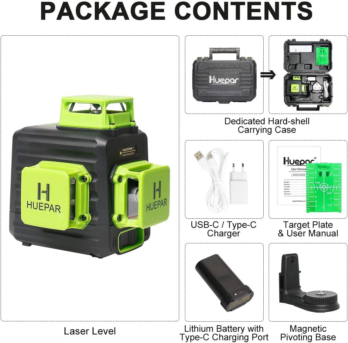 Kreuzlinienlaser, Huepar 3 x 360° Laser Wasserwaage Selbstnivellierenden, Kreuzlinienlaser Grün 12 Linien Laser, Linienlaser kreuzlaser Baulaser für Innenbereich Baustelle(mit Lithium-Batterie), B03CG 6
