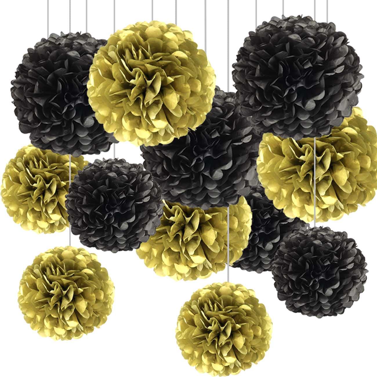 CC wonderland zone 2026 New Years Decorations,12Pcs Black Gold Hanging Tissue Paper Pom Poms Decorations for Party Ceiling Wall Tissue Flowers Decorations