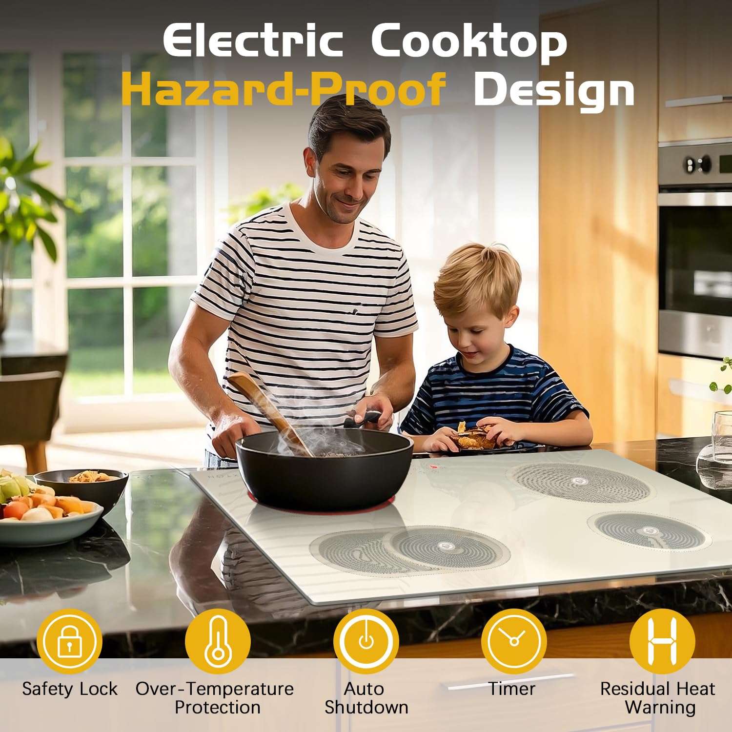 Noxton Electric Cooktop 30 Inch, 4 Burner Stove Top -Warm White Glass Electric Cermaic Cooktop with Expandable Burners Timer, Child Safety Lock, Sensor Touch Control, Drop-in Install, 240V 6600W