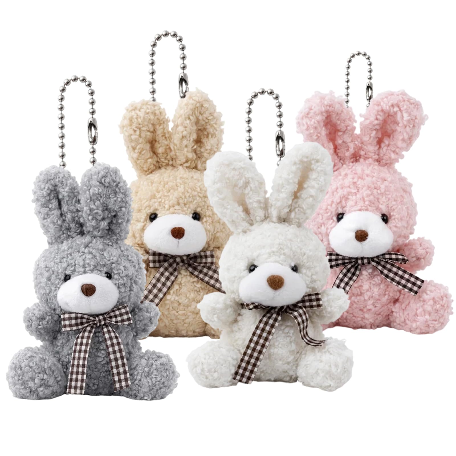 QiiWuic 4 Piece Rabbit Plush,Rabbit Teddy, Small Soft Toys Collection, Bunny Teddy Keychain Decorations for Backpacks and Room Displays, Pink Light Brown Grey Beige Colour Assortment (16cm)