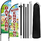 Fanfanwin 2 Set 7 ft Now Enrolling Day Care Feather Flag with Pole Kit and Ground Stake Weatherproof Polyester Now Enrolling Banner Marketing Sign for Schools Child Care Business Advertising (Classic)
