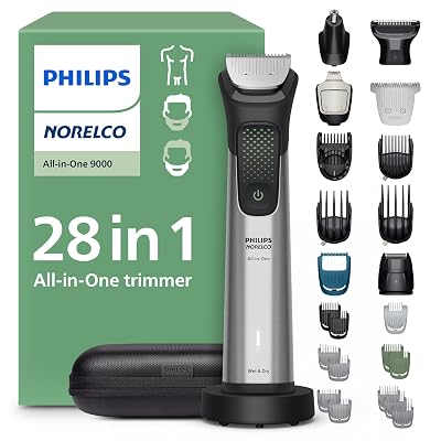 Philips Norelco All-in-One 9000 Series 28-Piece Trimmer - Electric Shaver and Clipper for Face, Beard, Head & Body, Self-sharpening Full Metal Blades, 27 Length Settings (0.5-20 mm), MG9585/49