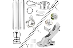 REERON 6 FT Metal Swivel Rings Flag Poles Kit, 360° Tangle Free Rotating Bearing Rings, 2-Position Holder & 1" Stainless Steel Flagpole for Outside House Porch Wall Mount Residential Commerical
