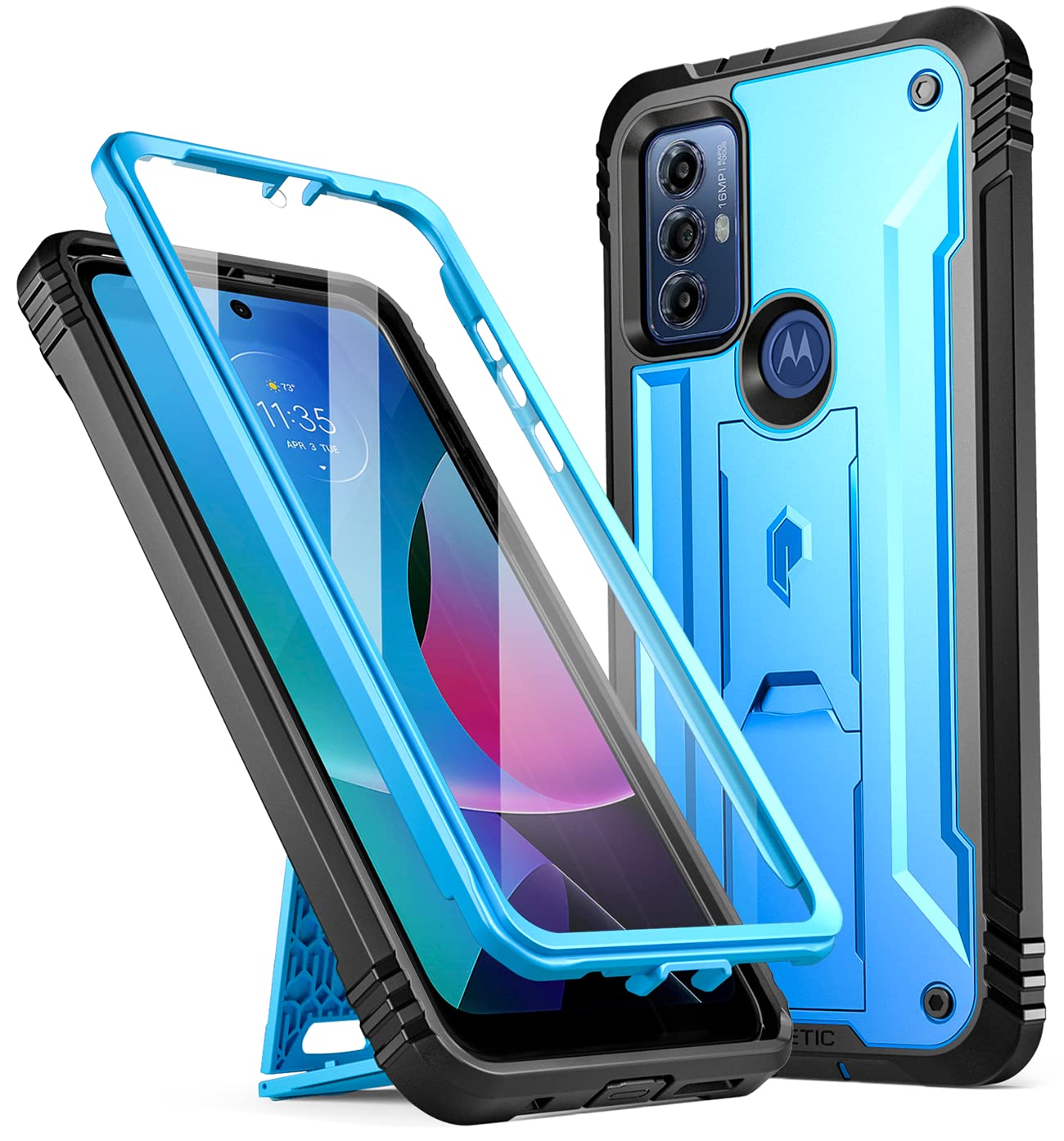 Poetic Revolution Series Case for Motorola Moto G Play (2023), Full-Body Rugged Dual-Layer Shockproof Protective Cover with Kickstand and Built-in-Screen Protector, Light Blue